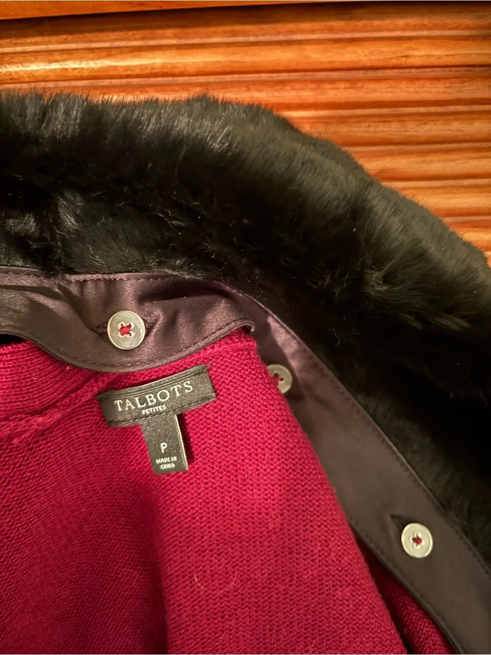 Talbots Burgundy Wrap Sweater with Faux Fur Collar